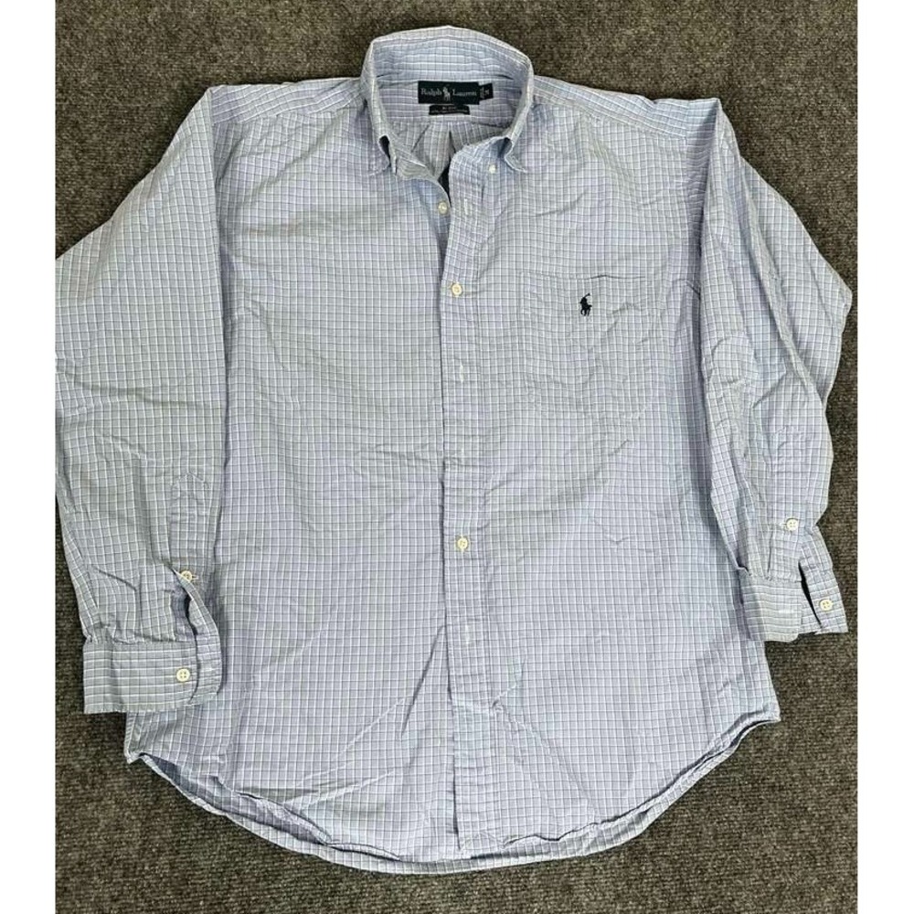 Ralph Lauren Blake Long Sleeve Button Down Shirt Blue Plaid Two Ply Cotton M‎